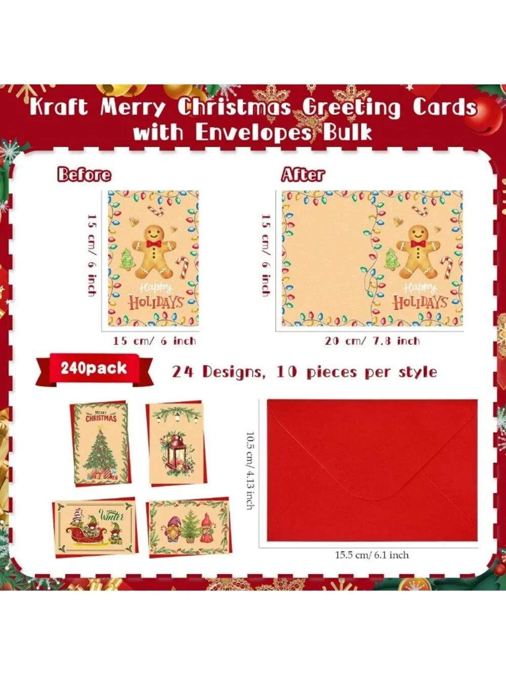 240 Sets Kraft Christmas Greeting Cards with Envelopes - Bulk Holiday Cards